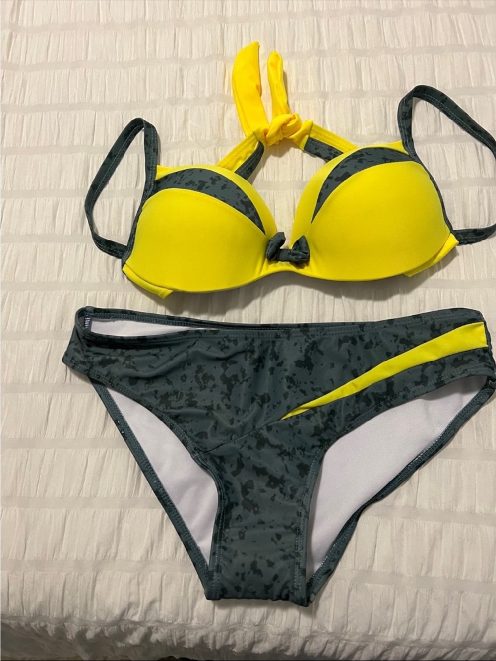 Yellow & Charcoal Contrast Halter Bikini Set - Women Swim